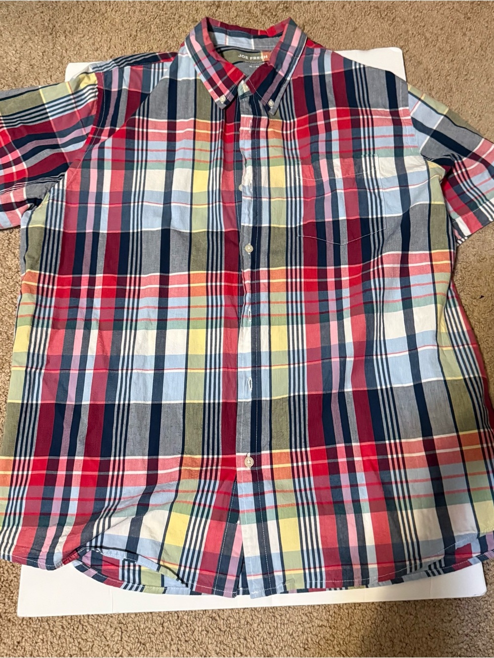 Joe Fresh Red Navy Multicolor Plaid Short-Sleeve Button-Down Shirt